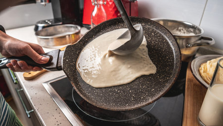 A person pouring the dough into a hot pan and frying delicious homemade pancakes. Concept of making...