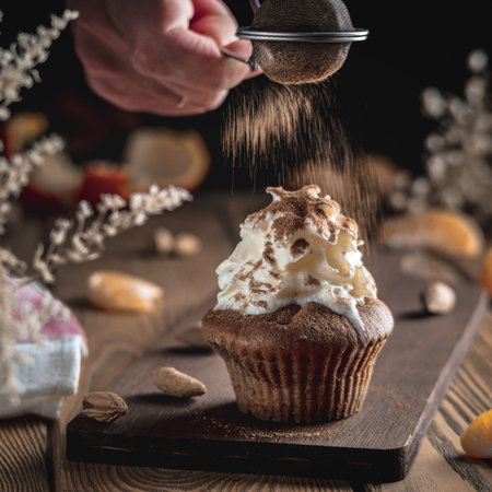 A hand is sprinkling cocoa powder on a cupcake topped with whipped cream on a wooden table.の写真素材
