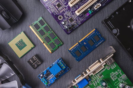 The computer hardware configuration is laid out on a dark background. The concept of a modern...