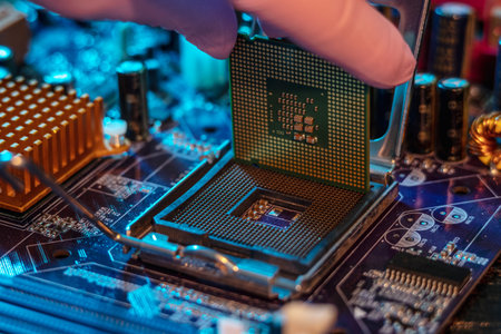 The engineer's gloved hand is holding the CPU chip against the background of the motherboard....