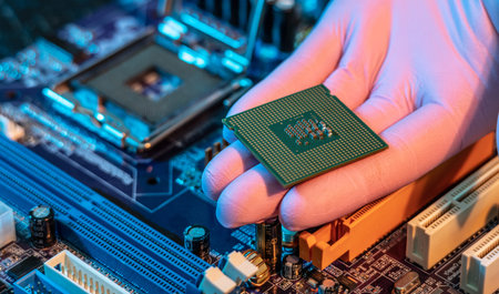 The engineer's gloved hand is holding the CPU chip against the background of the motherboard....