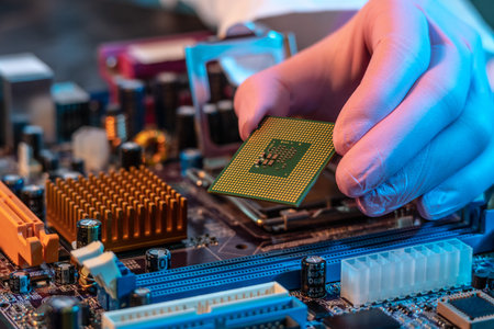 The engineer's gloved hand is holding the CPU chip against the background of the motherboard....
