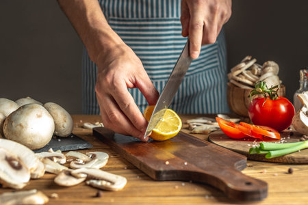 Chef in a blue apron is cutting a lemon with a knife to prepare a delicious dish. Concept of the...