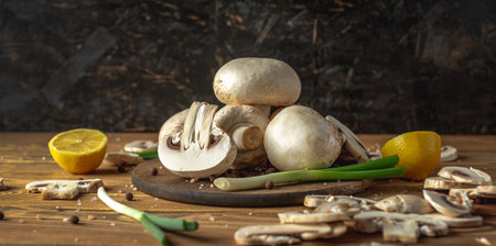 Mushrooms, green onions, lemon and spices on a wooden table. Concept of ingredients for making a delicious dish.の写真素材