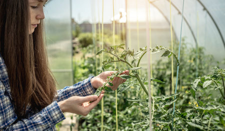 Young gardener woman is carefully holding and examining the leaves of tomatoes in the greenhouse. Concept of caring for plants and growing organic healthy vegetables.の写真素材