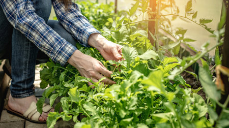 Woman is harvesting a healthy organic green arugula in a greenhouse. Concept of gardening and growing healthy fresh food.の写真素材