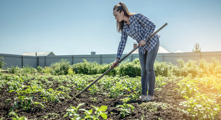 Young gardener woman is weeding weeds on a potato plantation with a hoe. Concept of gardening, plant care, growing healthy vegetables.の写真素材