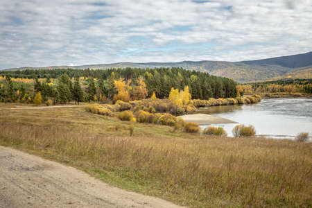 Beautiful natural landscape with an autumn forest, pond and road. Bright yellow trees, a calm river and a cloudy sky.の写真素材