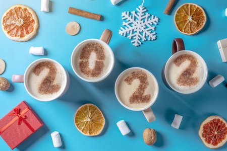 Card with numbers 2022 for New year and Christmas. Cup of coffee with figures on milk foam on blue background. The view from the top. Flat layの写真素材