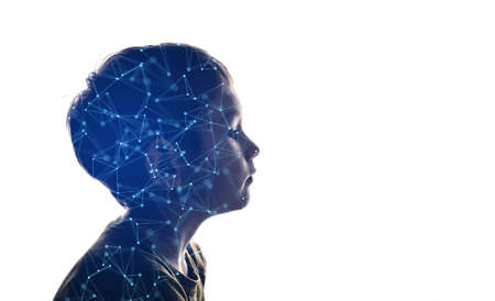 Isolated combination of a child silhouette and abstraction on the topic of digital technologies. Concept of artificial intelligence, modern technologies in scienceの写真素材