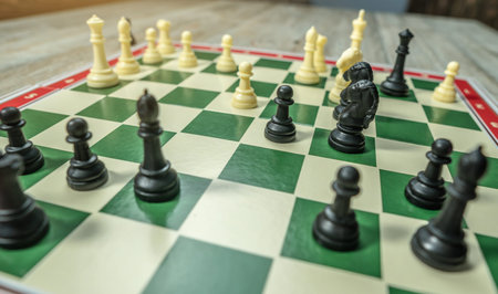 A chess board with pieces. There is an equal intellectual tactical struggle. The concept of strategy...
