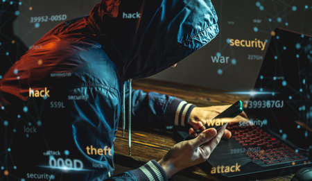 A hacker in a hood with a phone is typing on a laptop keyboard in a dark room. The concept of...