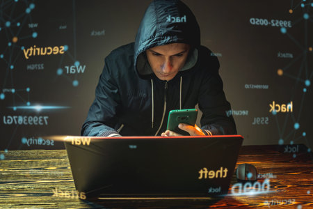 A hacker in a hood with a phone is typing on a laptop keyboard in a dark room. The concept of cyber warfare and Dos attacksの写真素材