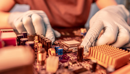 Engineer repairman holding hands in black gloves chip processor, CPU to insert into the socket of the computer motherboard. The concept of technology hardware in the neon lightの写真素材