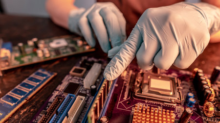 The engineer's gloved hand holds the computer's RAM chip against the background of the motherboard. The concept of high-tech hardware microelectronicsの写真素材