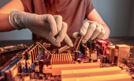 The engineer's gloved hand is holding the CPU chip against the background of the motherboard. Concept of high-tech hardware microelectronicsの写真素材