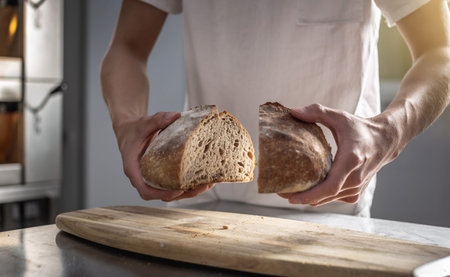 A male baker cuts freshly baked bread with a knife to check the quality. Production of bakery...