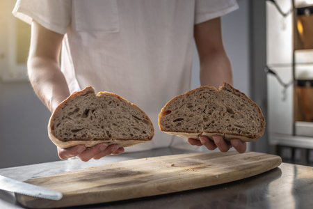 A male baker cuts freshly baked bread with a knife to check the quality. Production of bakery...