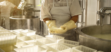 A man is a cheese maker in the process of producing different varieties of cheese in the industry....