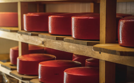 Cheeseheads with lie on the shelves of the storage for maturation. The concept of production of...