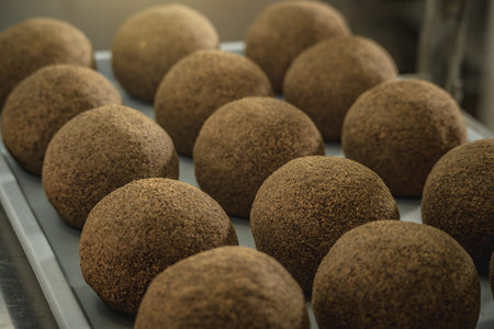Cheese balls sprinkled with black pepper lie in a row. The production process of spicy Belper knolle...
