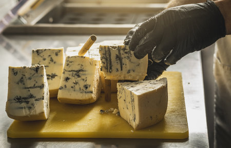 A farmer in black gloves cuts a head of spicy gorgonzola cheese with blue mold with a slicer into pieces.の写真素材