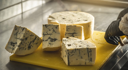 A farmer in black gloves cuts a head of spicy gorgonzola cheese with blue mold with a slicer into pieces.の写真素材