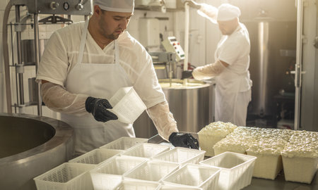 A man is a cheese maker in the process of producing different varieties of cheese in the industry. Concept of natural milk cheese making as a businessの写真素材