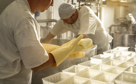 The process of producing different varieties of cheese in industry. Cheese-making from natural milk...