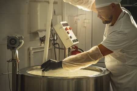 A man is a cheese maker in the process of producing different varieties of cheese in the industry. Concept of natural milk cheese making as a businessの写真素材