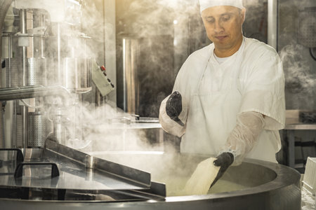 The process of producing different varieties of cheese in industry. Natural milk cheese making as a businessの写真素材