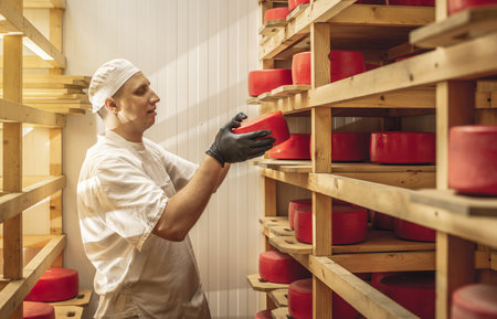 A farmer turns over cheese heads on wooden shelves in the cheese maturation storage. The concept of production of European cheeses and dairy productsの写真素材