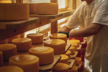 A farmer turns over cheese heads on wooden shelves in the cheese maturation storage. The concept of production of European cheeses and dairy productsの写真素材