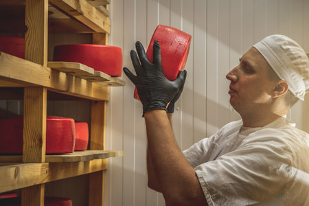 A farmer turns over cheese heads on wooden shelves in the cheese maturation storage. The concept of production of European cheeses and dairy productsの写真素材