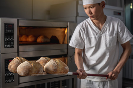 The baker is a man in the process of baking bread. Production of bakery products as a small business.の写真素材