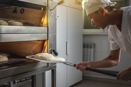 The baker is a man in the process of baking bread. Production of bakery products as a small...