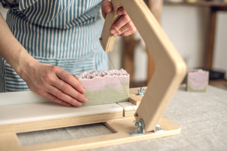Women's hands cut homemade natural soap on a professional wood cutter. A means of eco-friendly hygiene and pleasant giftsの写真素材