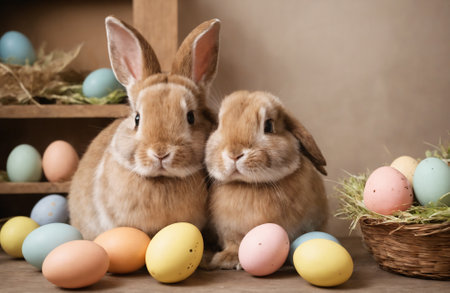 Happy Easter at home with spring flowers and a rabbit on a bright room background.の写真素材