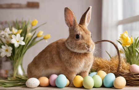 Happy Easter at home with spring flowers and a rabbit on a bright room background.の写真素材
