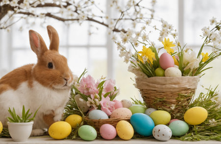 Happy Easter at home with spring flowers and a rabbit on a bright room background.の写真素材