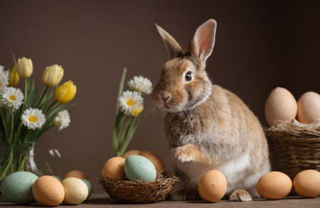 Happy Easter at home with spring flowers and a rabbit on a bright room background.の写真素材