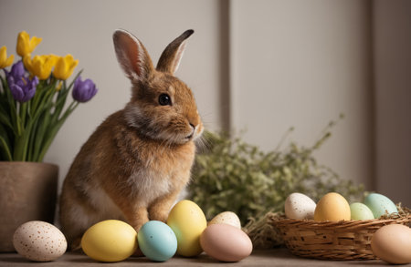 Happy Easter at home with spring flowers and a rabbit on a bright room background.の写真素材