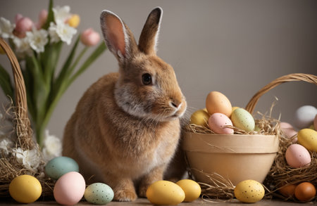 Happy Easter at home with spring flowers and a rabbit on a bright room background.の写真素材