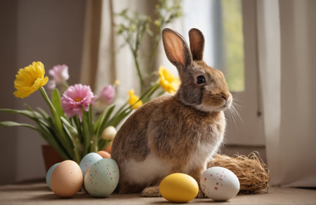 Happy Easter at home with spring flowers and a rabbit on a bright room background.の写真素材