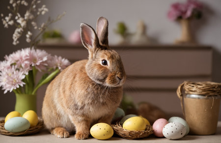 Happy Easter at home with spring flowers and a rabbit on a bright room background.の写真素材