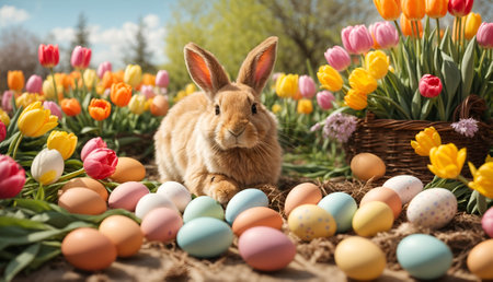 Happy Easter at home with colorful eggs, spring flowers and cozy rabbit.の写真素材