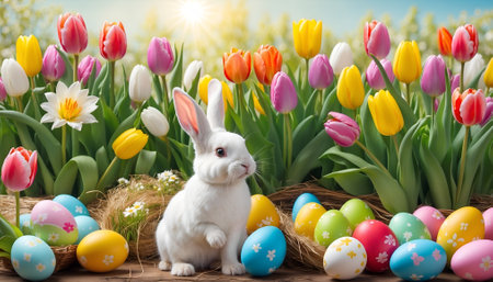 Happy Easter at home with colorful eggs, spring flowers and cozy rabbit.の写真素材