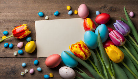 A still life depicting a happy Easter at home with spring flowers, tulips and colorful eggs and a place for text.の写真素材