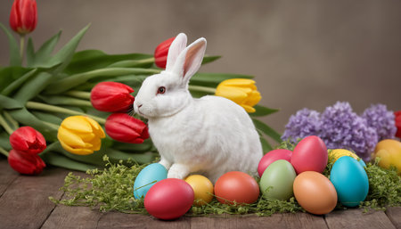 Happy Easter at home with colorful eggs, spring flowers and cozy rabbit.の写真素材