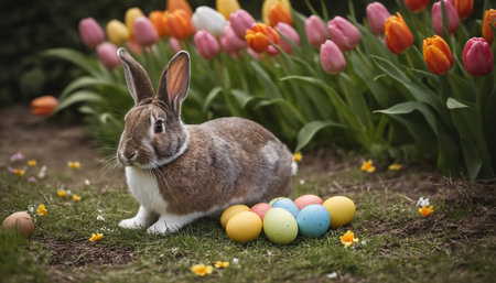 Happy Easter at home with colorful eggs, spring flowers and cozy rabbit.の写真素材